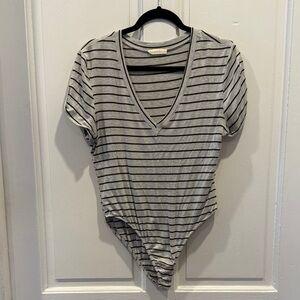 Lush Gray and Olive Striped V-Neck Bodysuit